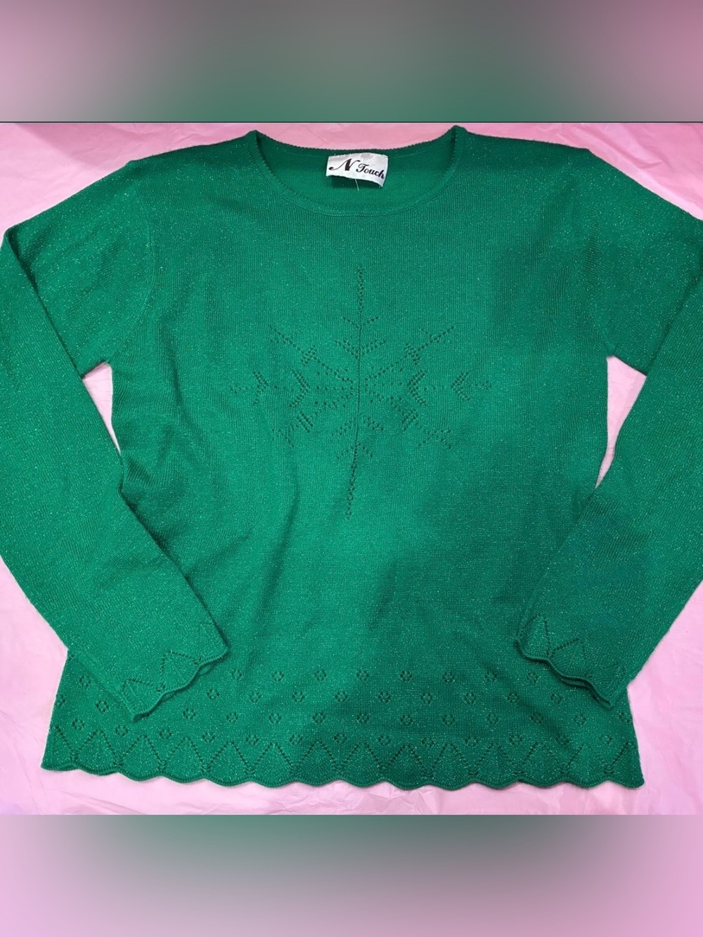 N Touch Women’s Vintage Solid Knit Pullover Green Sweater Crew Neck 80s Sz M